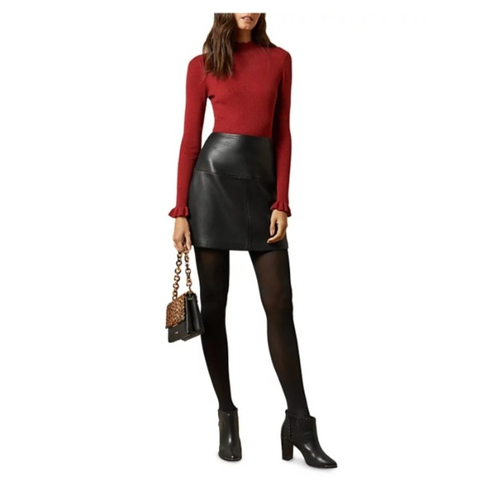 Ted Baker London Black Ovine Leather/Sheepskin Mini Skirt Size 0 Zip Back A-Line